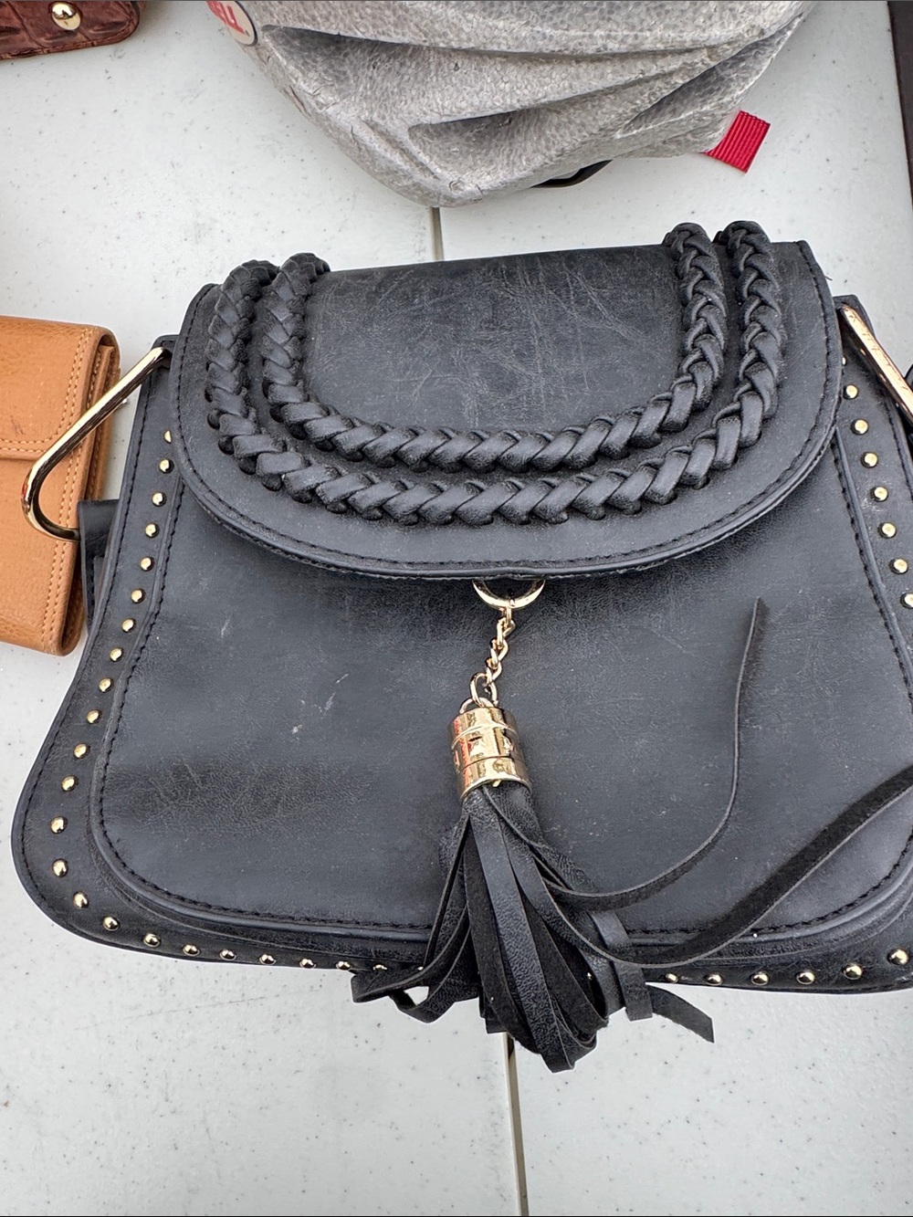 Braided Trim Black Tassel Crossbody Bag - Unbranded
